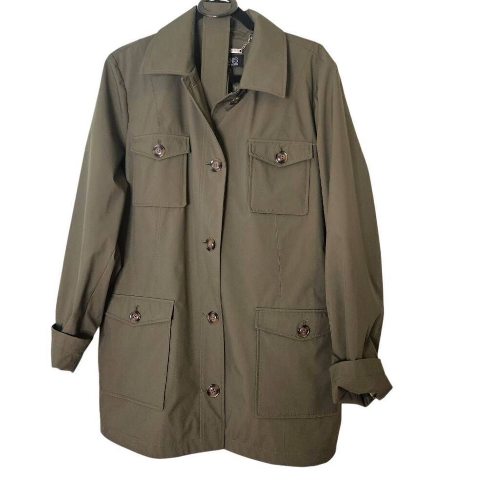 Dennis Basso belted coat, olive green. Size L
